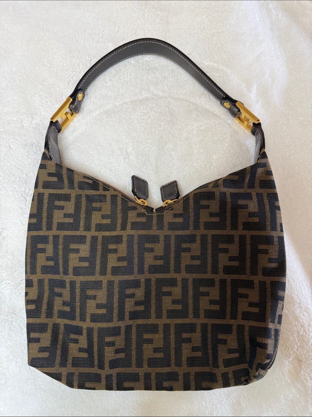 Fendi Brown and Black Zucca Canvas Shoulder Bag with Gold Hardware - Picture 3 of 12